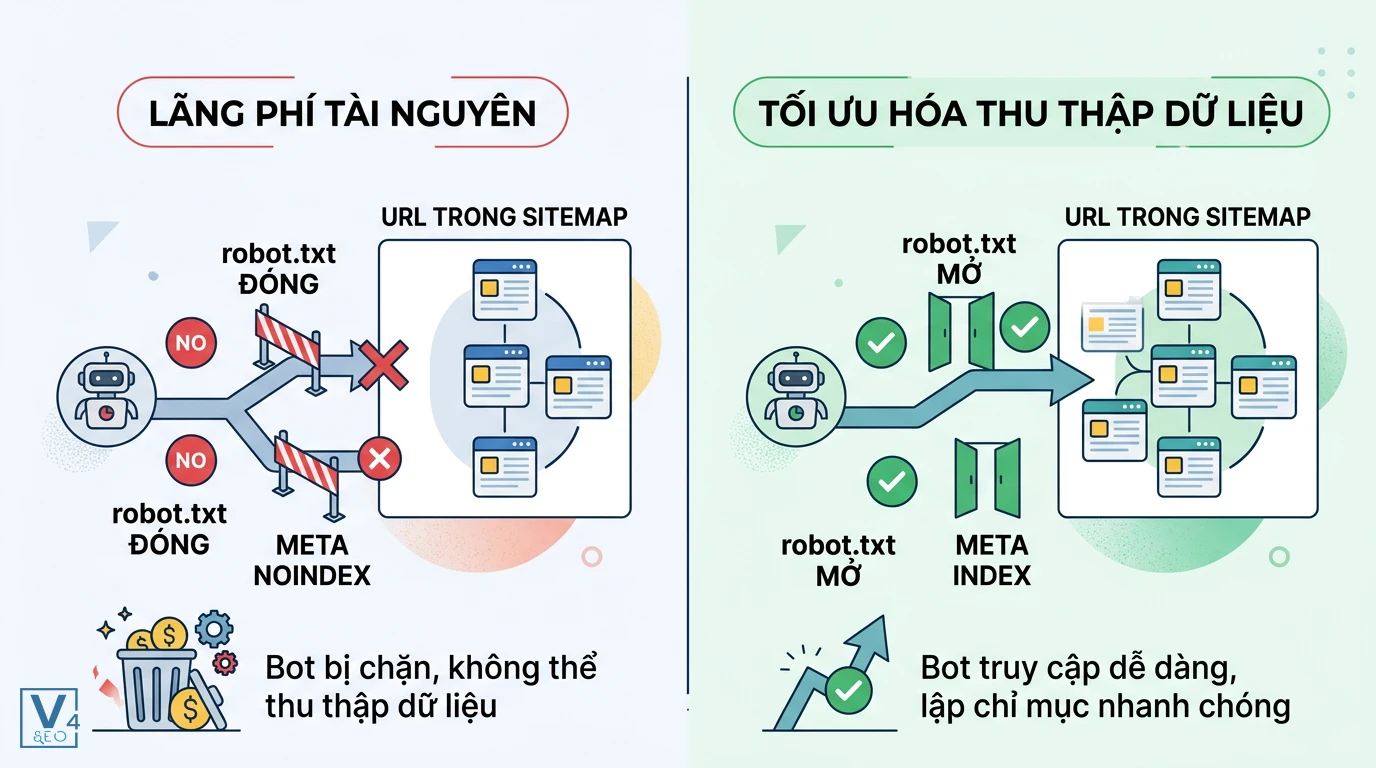 toi-uu-thu-thap-du-lieu-sitemap So sánh lãng phí tài nguyên khi chặn bot và tối ưu hóa thu thập dữ liệu bằng cách mở robots.txt và thẻ index.