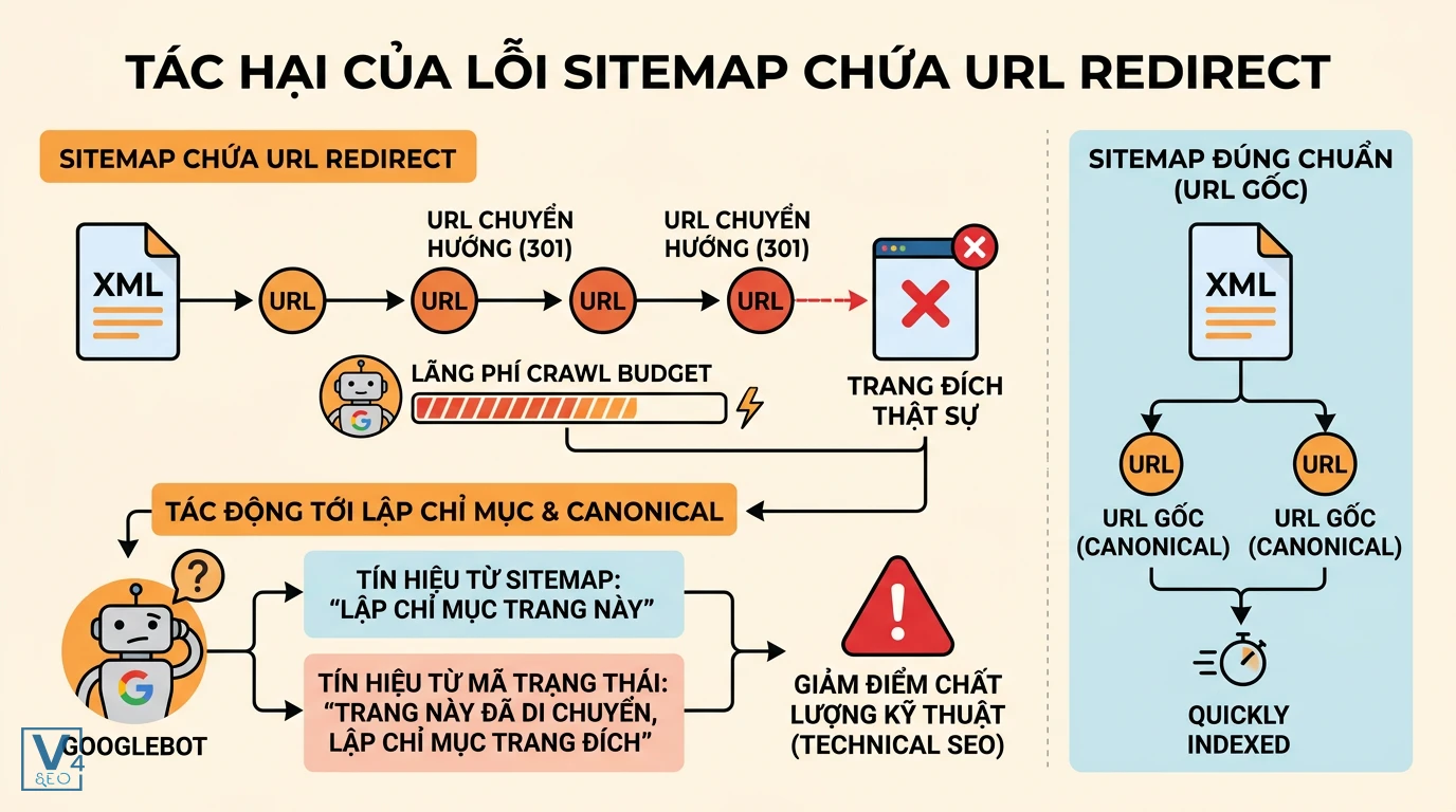 tac-hai-sitemap-chua-url-redirect Sơ đồ so sánh tác hại của sitemap chứa URL redirect gây lãng phí crawl budget và sitemap đúng chuẩn giúp index nhanh.
