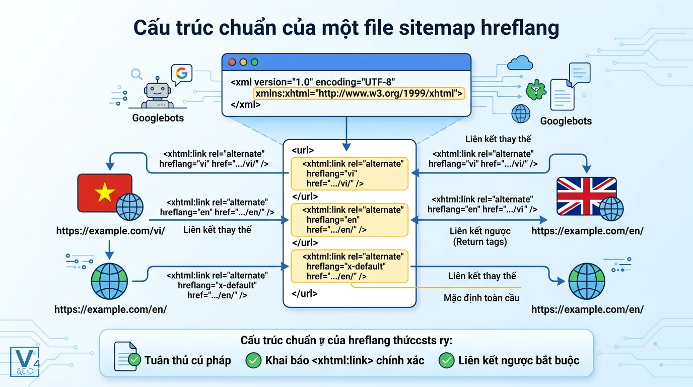 cau-truc-sitemap-hreflang-chuan Sơ đồ trực quan hóa cấu trúc sitemap hreflang là gì với các thẻ liên kết ngược và thuộc tính x-default chuẩn SEO.