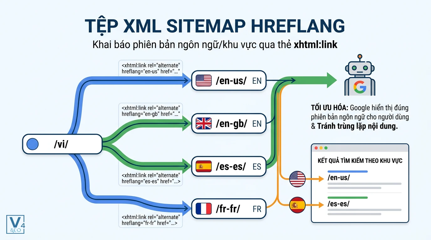 co-che-hoat-dong-sitemap-hreflang Sơ đồ cơ chế hoạt động của sitemap hreflang giúp Googlebot nhận diện các phiên bản ngôn ngữ qua thẻ xhtml:link.