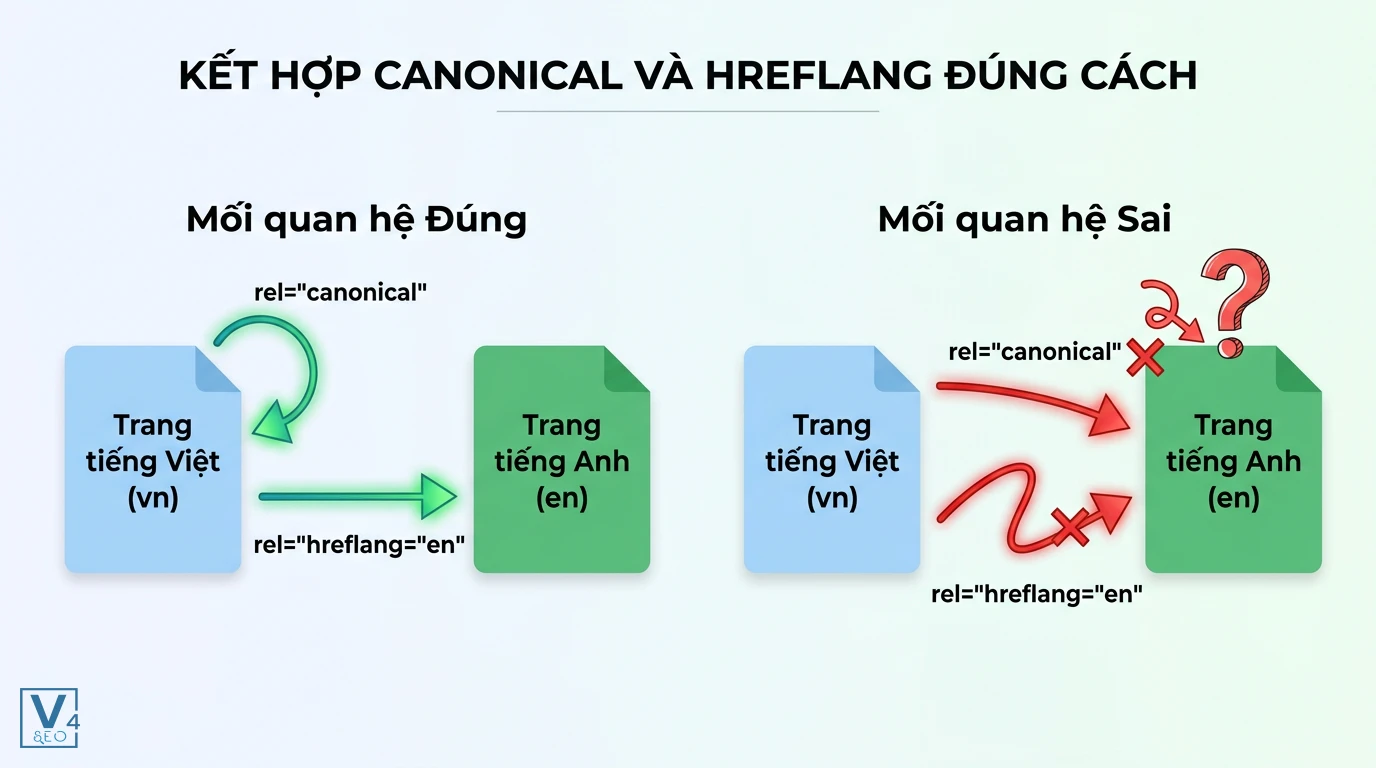 ket-hop-canonical-va-hreflang-dung-cach Sơ đồ so sánh cách thiết lập thẻ canonical và hreflang đúng và sai giữa các trang đa ngôn ngữ.