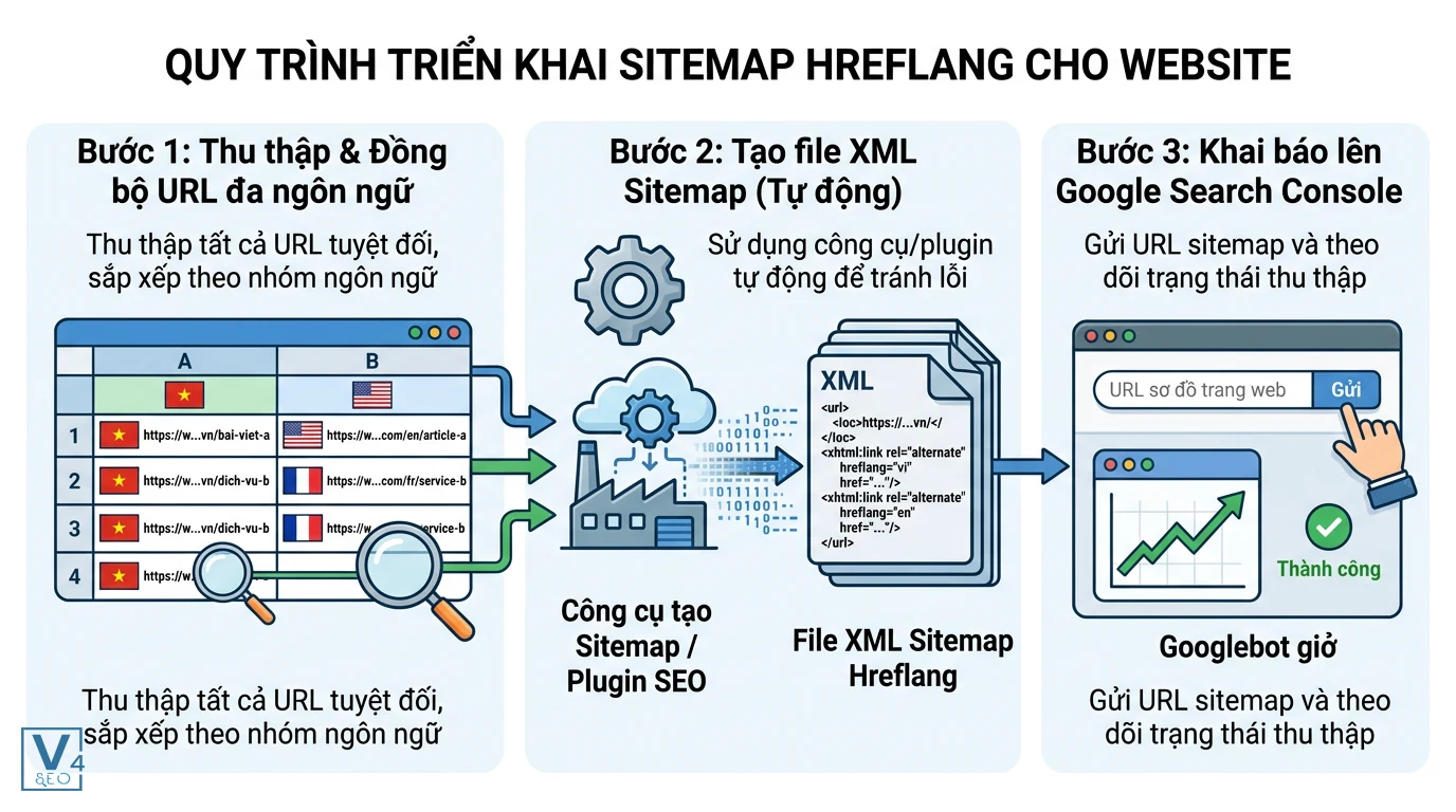 quy-trinh-trien-khai-sitemap-hreflang Sơ đồ 3 bước thiết lập sitemap hreflang chuẩn kỹ thuật cho website đa ngôn ngữ.