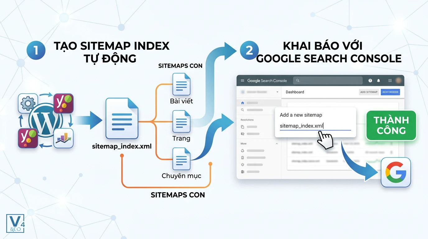 quy-trinh-tao-khai-bao-sitemap-index Quy trình 2 bước tự động tạo sitemap index từ WordPress và khai báo thành công lên Google Search Console.