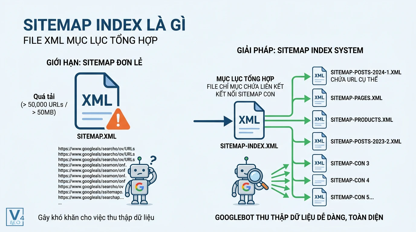 mo-hinh-hoat-dong-sitemap-index Mô hình so sánh sitemap đơn lẻ bị quá tải với giải pháp sitemap index giúp Googlebot thu thập dữ liệu dễ dàng.