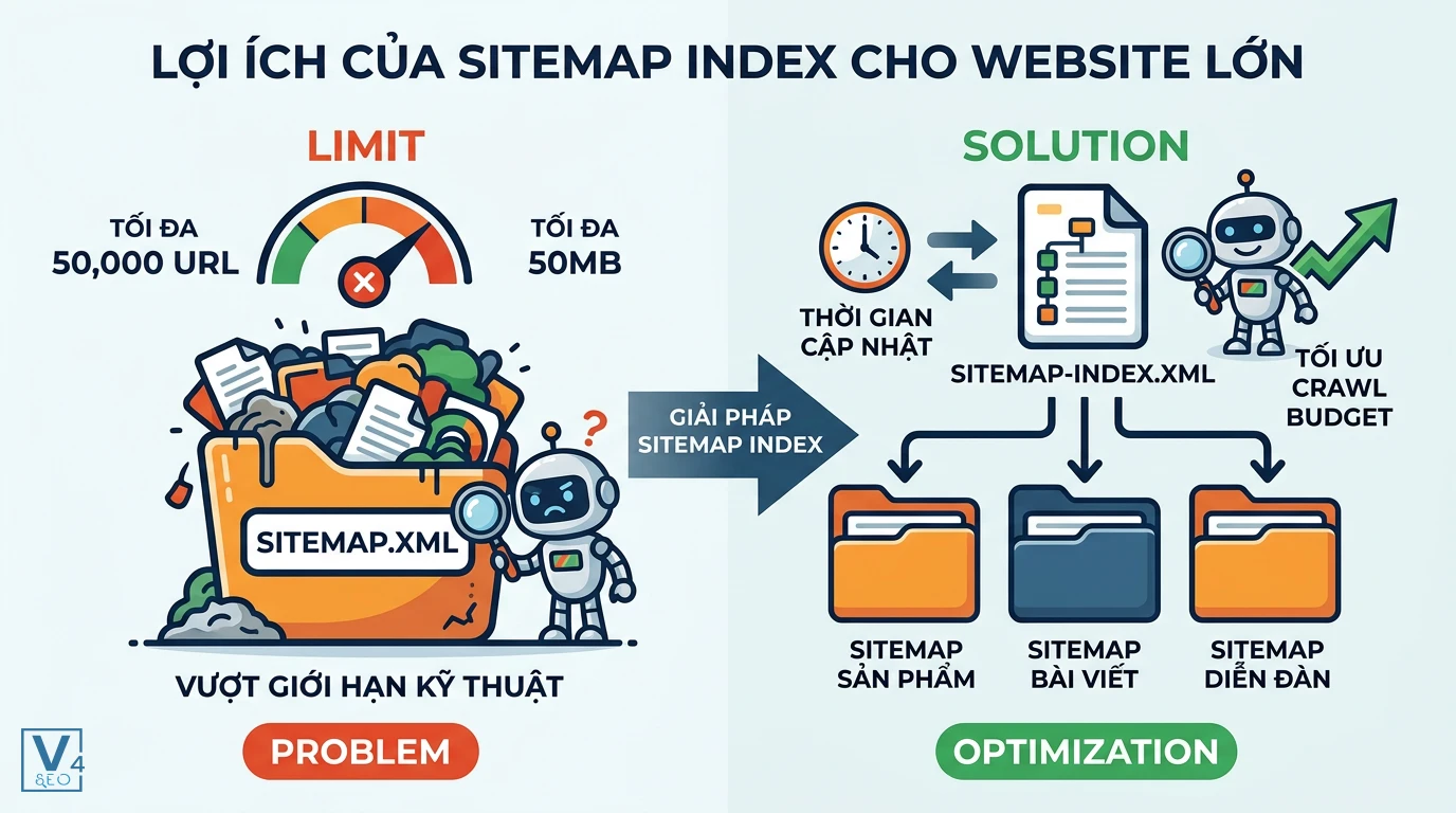 loi-ich-cua-sitemap-index-cho-seo Sơ đồ so sánh giới hạn của sitemap đơn lẻ và giải pháp sitemap index giúp tối ưu crawl budget cho website lớn.