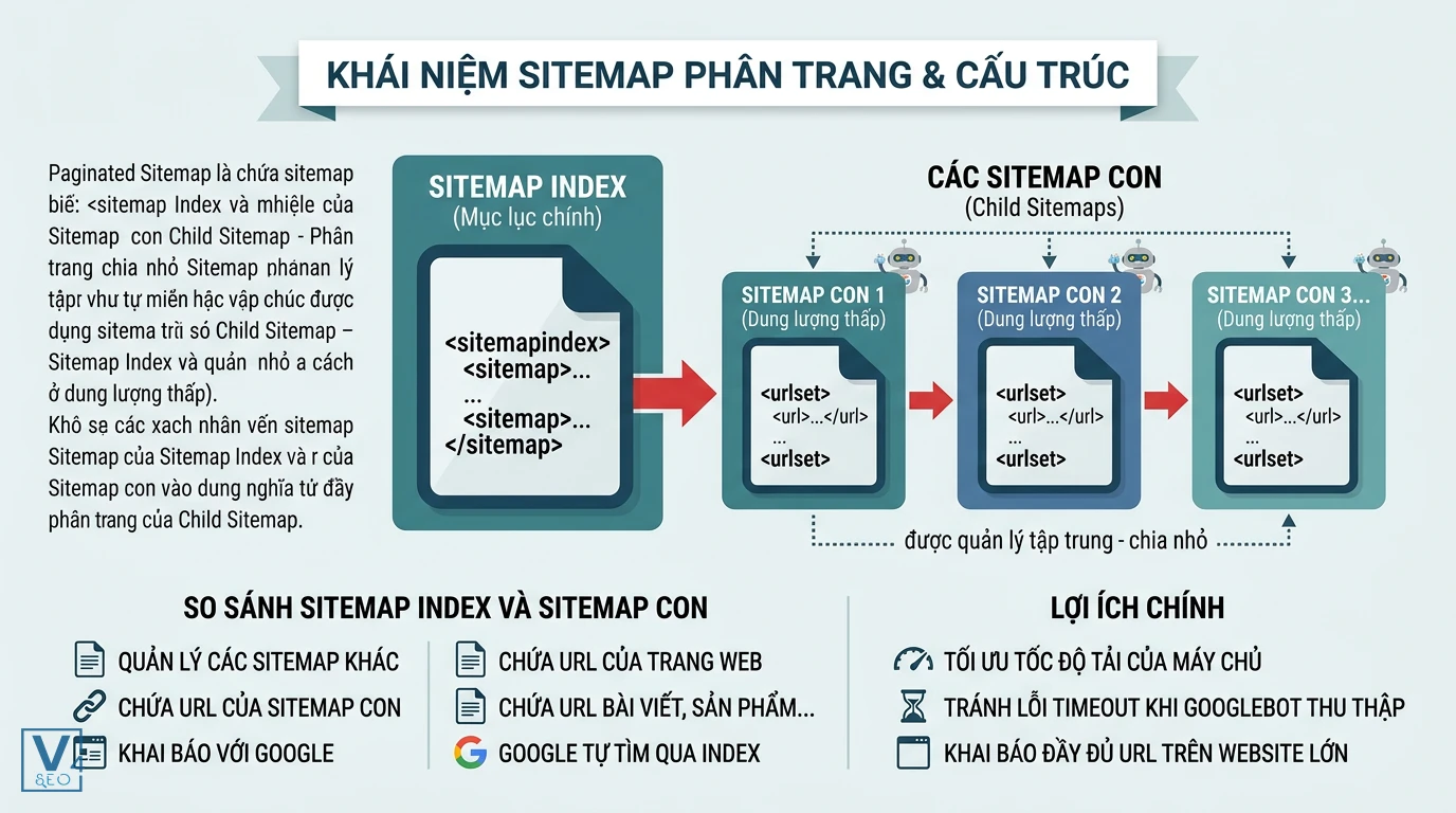 cau-truc-sitemap-phan-trang Mô hình sitemap phân trang là gì giúp chia nhỏ sitemap lớn thành sitemap index và các sitemap con để tối ưu SEO
