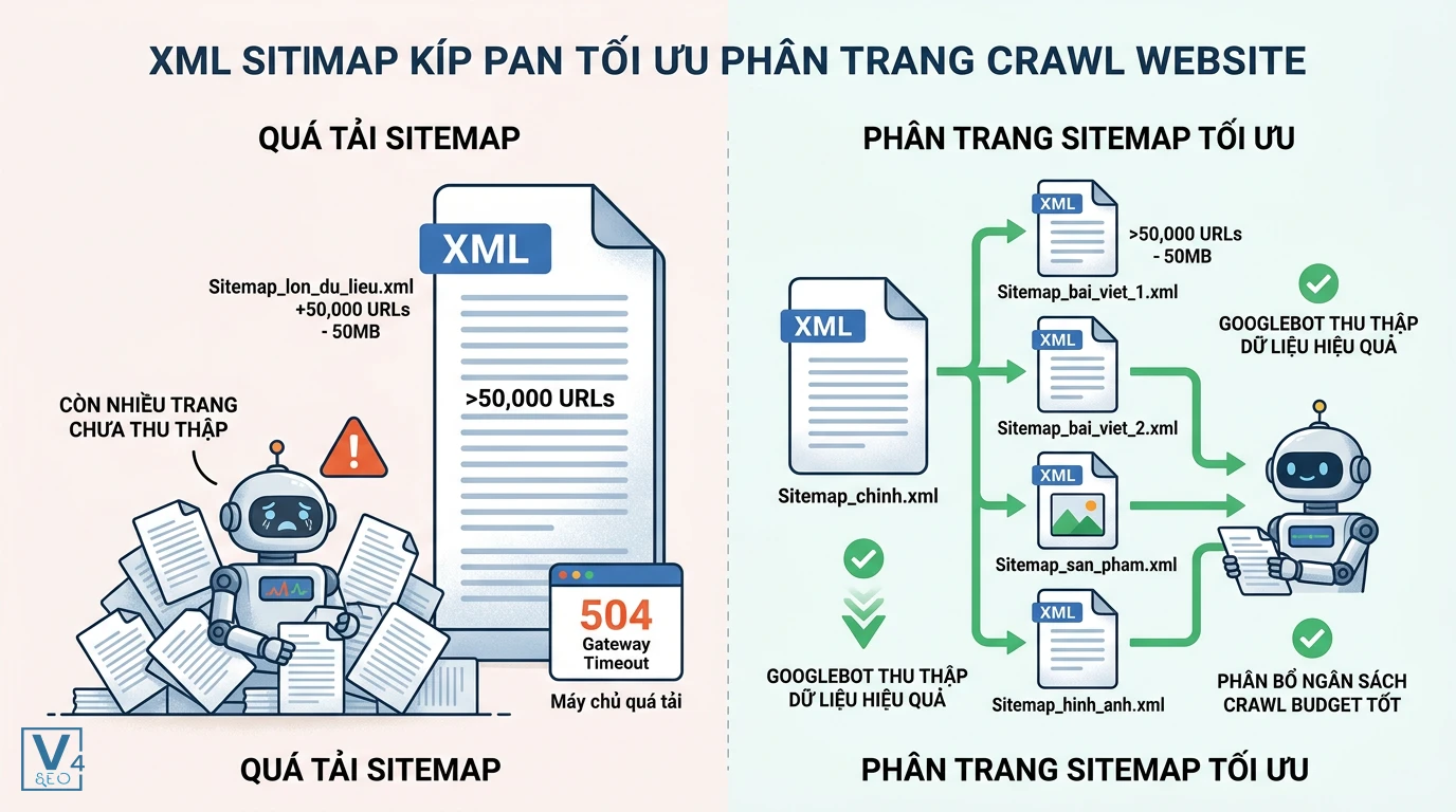 so-sanh-sitemap-qua-tai-va-phan-trang So sánh sitemap quá tải gây lỗi 504 với sitemap phân trang giúp Googlebot tối ưu ngân sách thu thập dữ liệu.