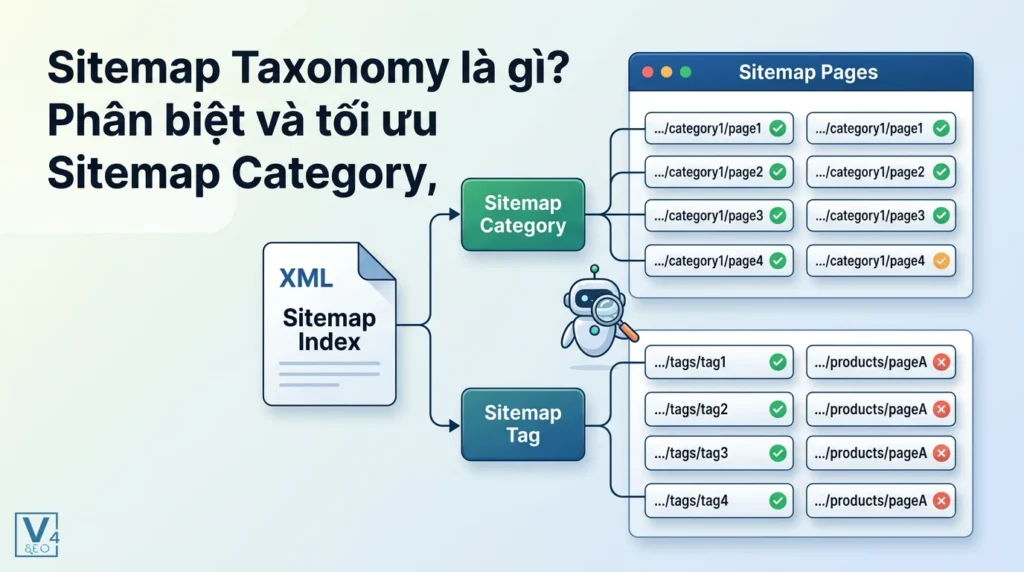 Sitemap Taxonomy là gì? Phân biệt và tối ưu Sitemap Category, Tag 1 Sơ đồ cấu trúc sitemap taxonomy phân chia sitemap index thành sitemap category và sitemap tag để tối ưu lập chỉ mục.