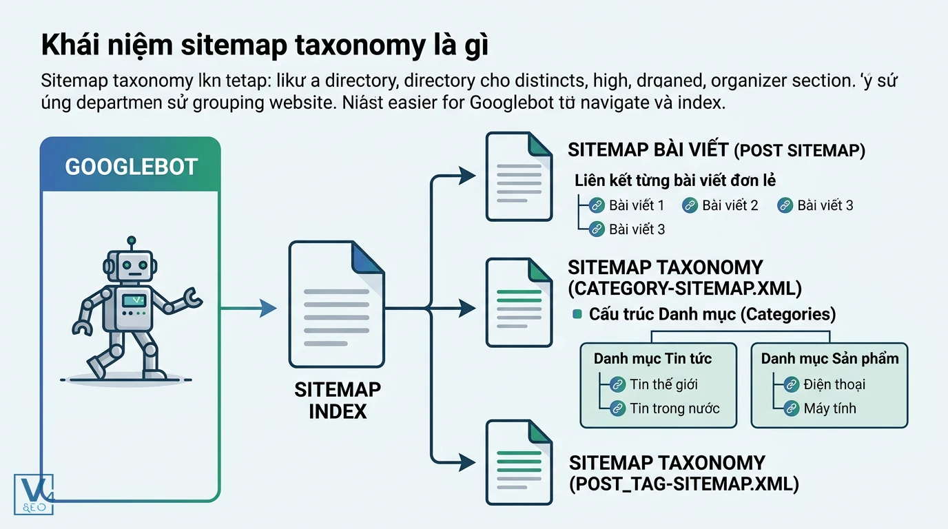 so-do-cau-truc-sitemap-taxonomy Sơ đồ phân biệt sitemap taxonomy với sitemap bài viết thông thường giúp Googlebot lập chỉ mục cấu trúc website dễ dàng hơn.