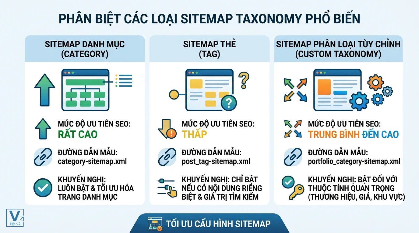 phan-biet-cac-loai-sitemap-taxonomy Bảng so sánh mức độ ưu tiên SEO và khuyến nghị thiết lập cho các loại sitemap taxonomy phổ biến trên website.