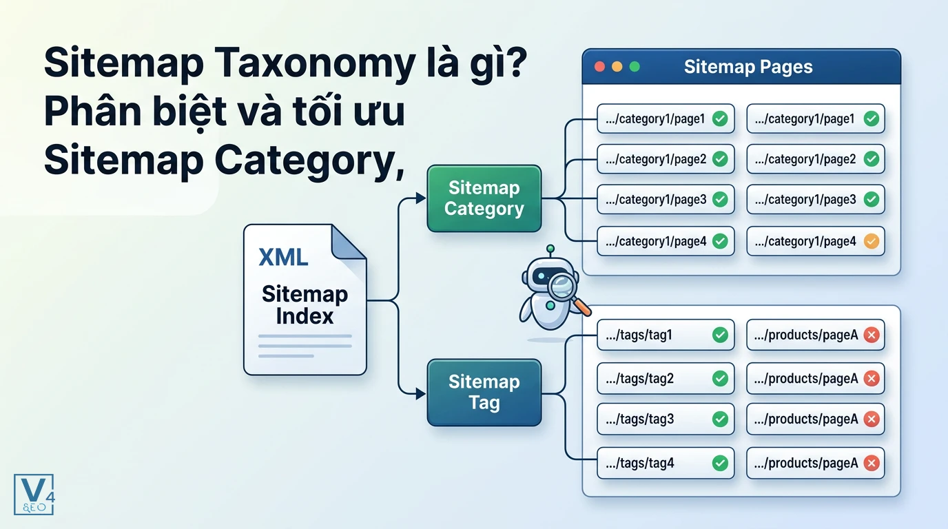 Sơ đồ cấu trúc sitemap taxonomy phân chia sitemap index thành sitemap category và sitemap tag để tối ưu lập chỉ mục.