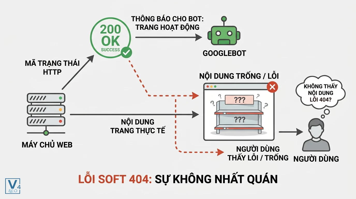 co-che-loi-soft-404 Sơ đồ giải thích cơ chế lỗi soft 404 là gì khi máy chủ báo mã 200 OK nhưng người dùng chỉ thấy trang trống