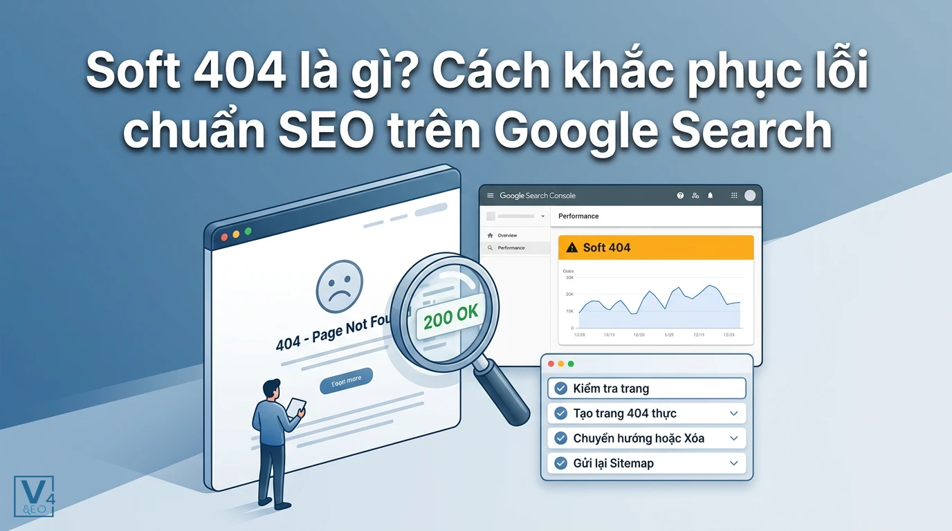 Mô phỏng lỗi soft 404 khi trang báo lỗi nhưng trả về mã trạng thái 200 OK và quy trình xử lý trên Search Console.
