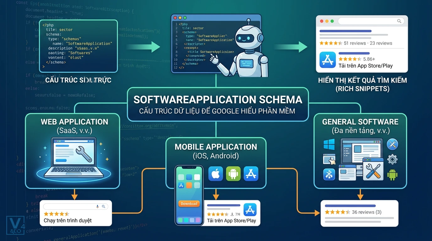 Phân loại cấu trúc SoftwareApplication Schema Cách SoftwareApplication schema phân loại ứng dụng web, di động để hiển thị kết quả rich snippet trên Google.
