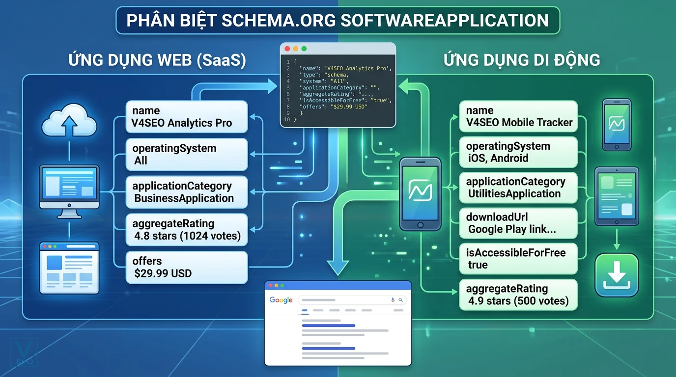 Phân biệt Schema Web và Mobile Application So sánh các thuộc tính Schema SoftwareApplication giữa ứng dụng Web SaaS và ứng dụng di động chuẩn Google.