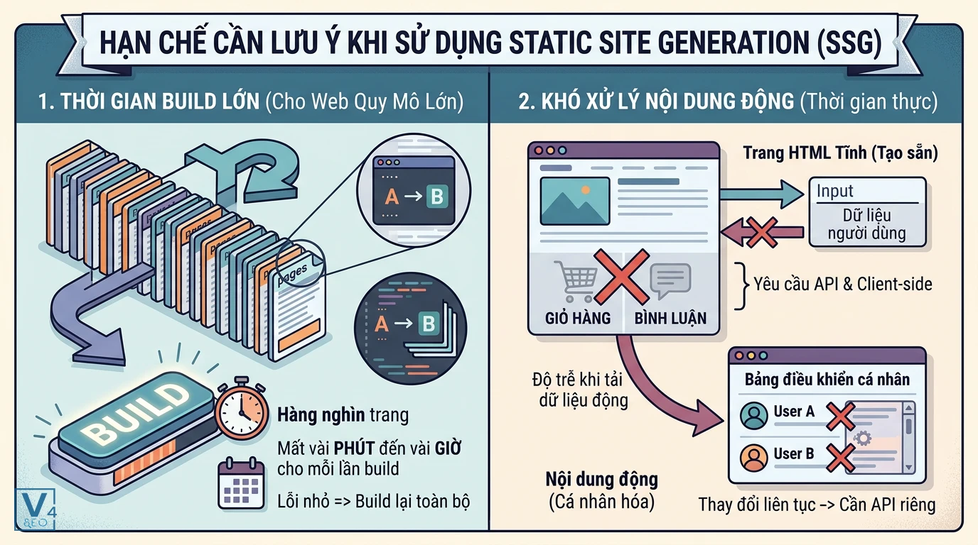 nhan-che-khi-dung-ssg Sơ đồ phân tích hai nhược điểm lớn của SSG là thời gian build lâu và khó xử lý dữ liệu động theo thời gian thực.