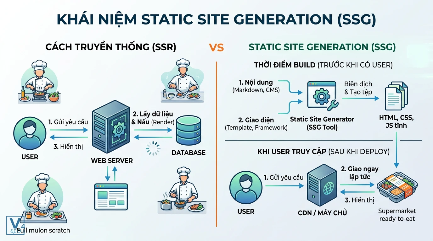 so-sanh-co-che-ssg-va-ssr So sánh cơ chế hoạt động của SSG là gì với phương pháp truyền thống SSR qua hình ảnh ẩn dụ nhà bếp
