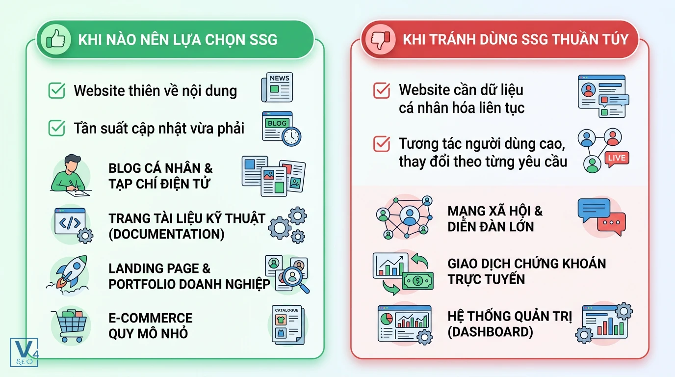 khi-nao-nen-chon-ssg Bảng so sánh các trường hợp nên dùng và nên tránh khi lựa chọn phương pháp phát triển web SSG là gì.