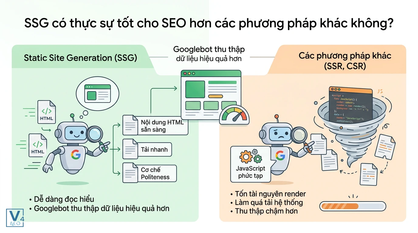 so-sanh-loi-ich-seo-cua-ssg So sánh hiệu quả SEO giữa SSG và SSR, CSR nhờ HTML render sẵn giúp Googlebot thu thập dữ liệu nhanh chóng.