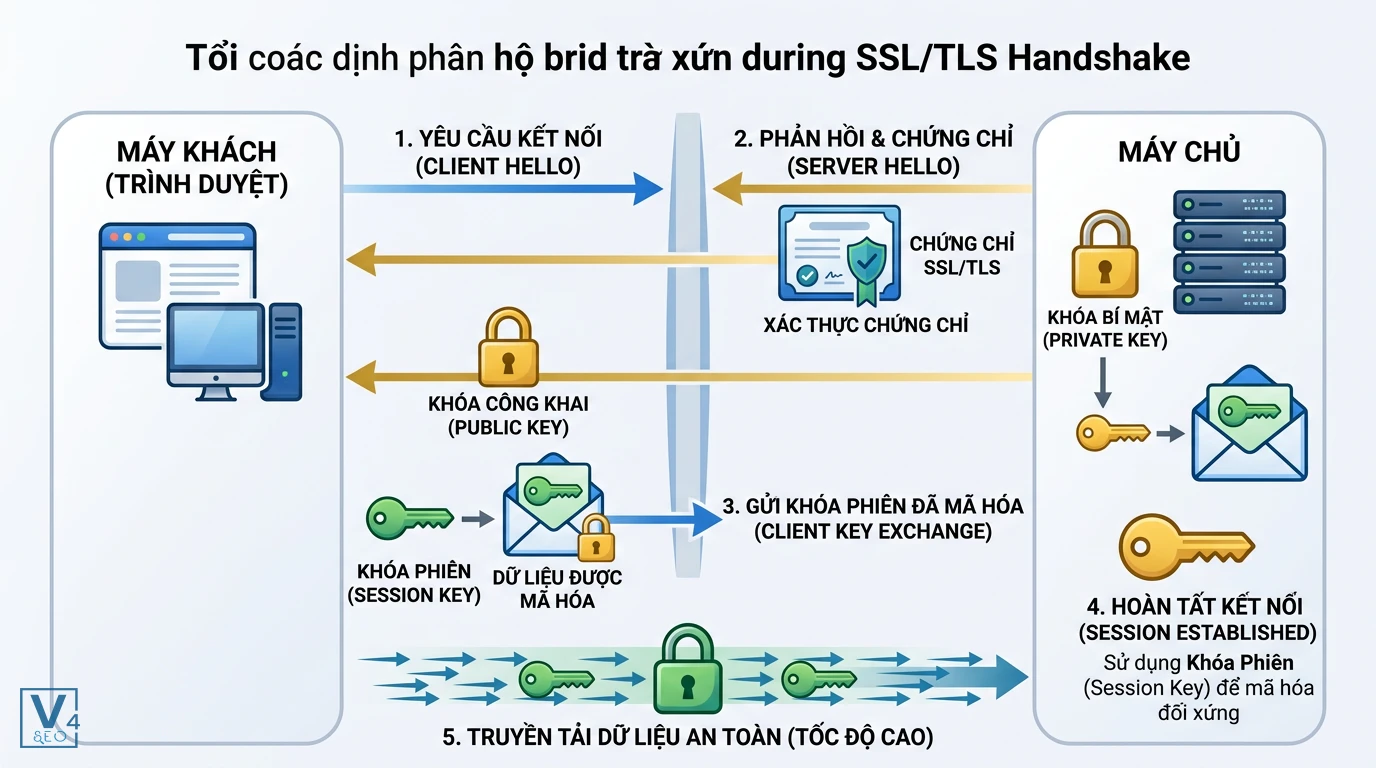 quy-trinh-bat-tay-ssl-tls-handshake Sơ đồ quy trình bắt tay SSL/TLS Handshake giữa trình duyệt và máy chủ để thiết lập kết nối mã hóa an toàn.