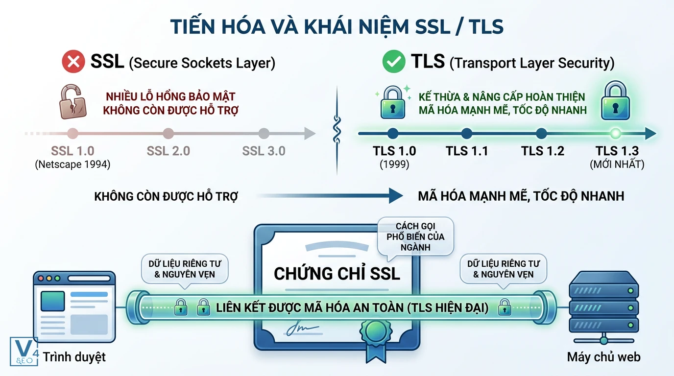 tien-hoa-giao-thuc-ssl-tls Sơ đồ so sánh tiến trình phát triển từ giao thức bảo mật SSL cũ sang chuẩn TLS hiện đại bảo vệ dữ liệu truyền tải.