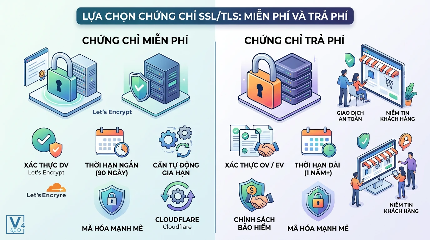 so-sanh-ssl-tls-mien-phi-va-tra-phi Bảng so sánh chứng chỉ SSL/TLS miễn phí và trả phí về thời hạn, mức độ xác thực và chính sách bảo hiểm.