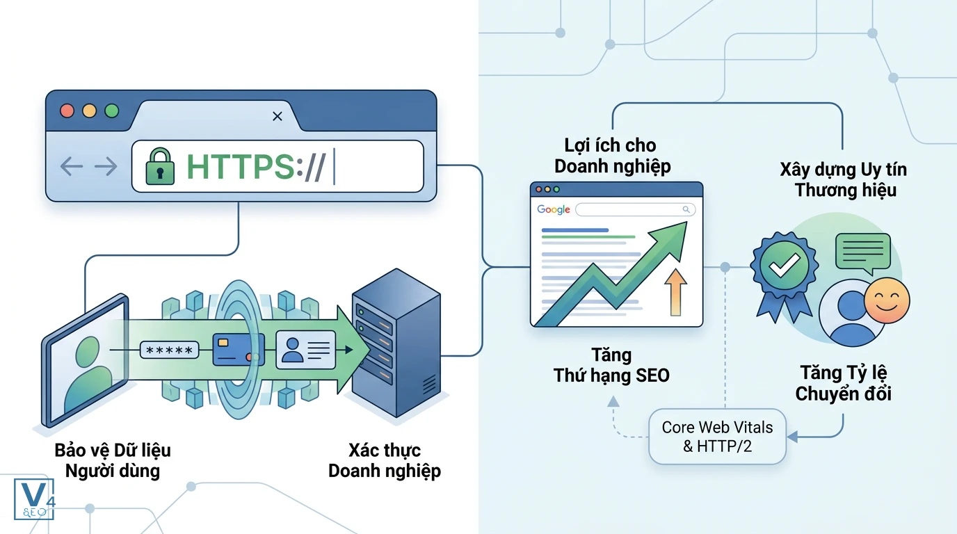 loi-ich-ssl-tls-cho-doanh-nghiep Sơ đồ lợi ích của SSL/TLS giúp bảo mật dữ liệu, tăng thứ hạng SEO và xây dựng uy tín cho website doanh nghiệp.