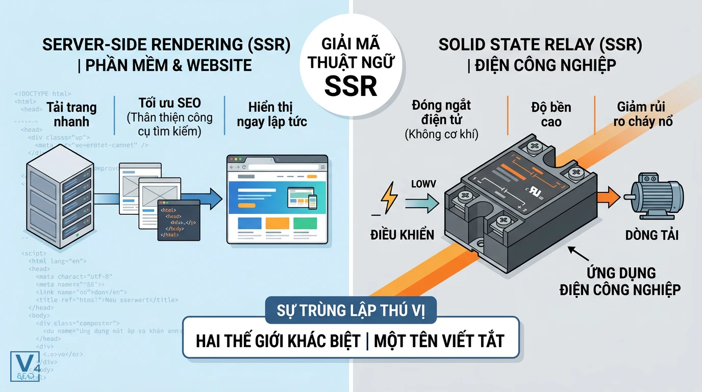 giai-ma-hai-khai-niem-ssr So sánh ý nghĩa SSR là gì trong lập trình web Server-Side Rendering và rơ le bán dẫn Solid State Relay ngành điện.