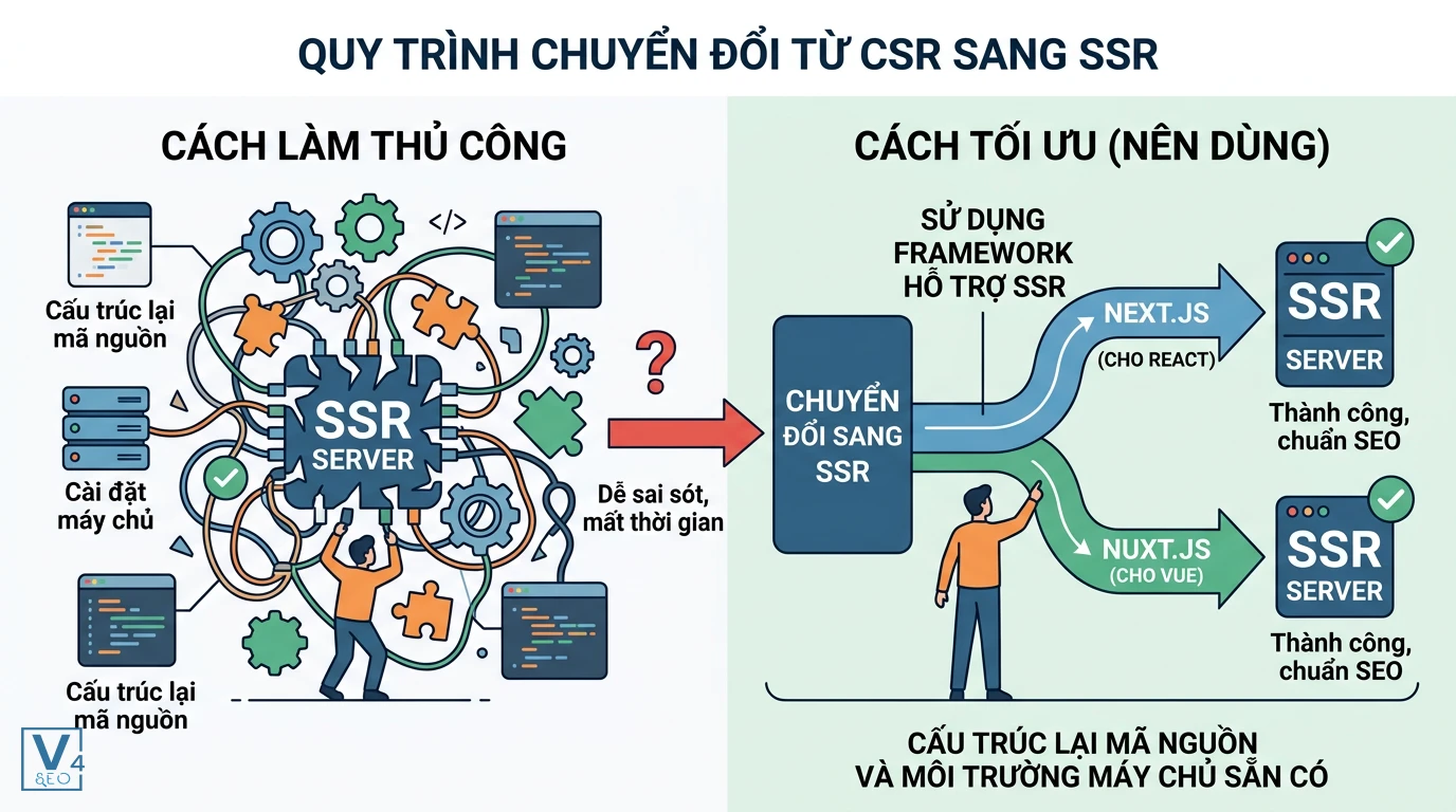 quy-trinh-chuyen-doi-csr-sang-ssr So sánh cách làm thủ công phức tạp với cách tối ưu dùng framework Next.js hoặc Nuxt.js khi chuyển đổi website sang SSR.