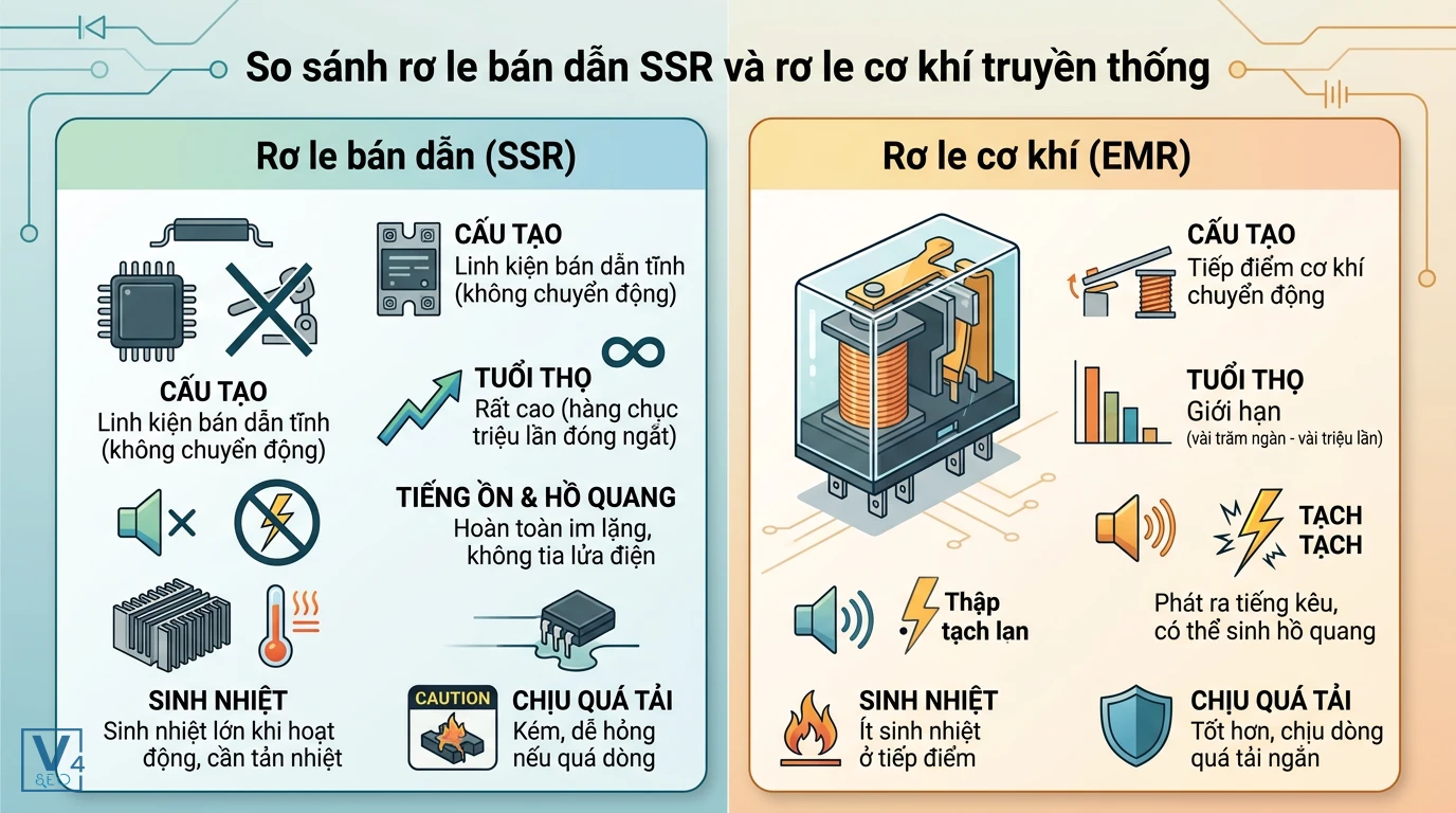 so-sanh-ro-le-ban-dan-ssr-va-ro-le-co-khi Bảng so sánh đặc tính vận hành giữa rơ le bán dẫn SSR và rơ le cơ khí truyền thống về cấu tạo, tuổi thọ và độ bền.