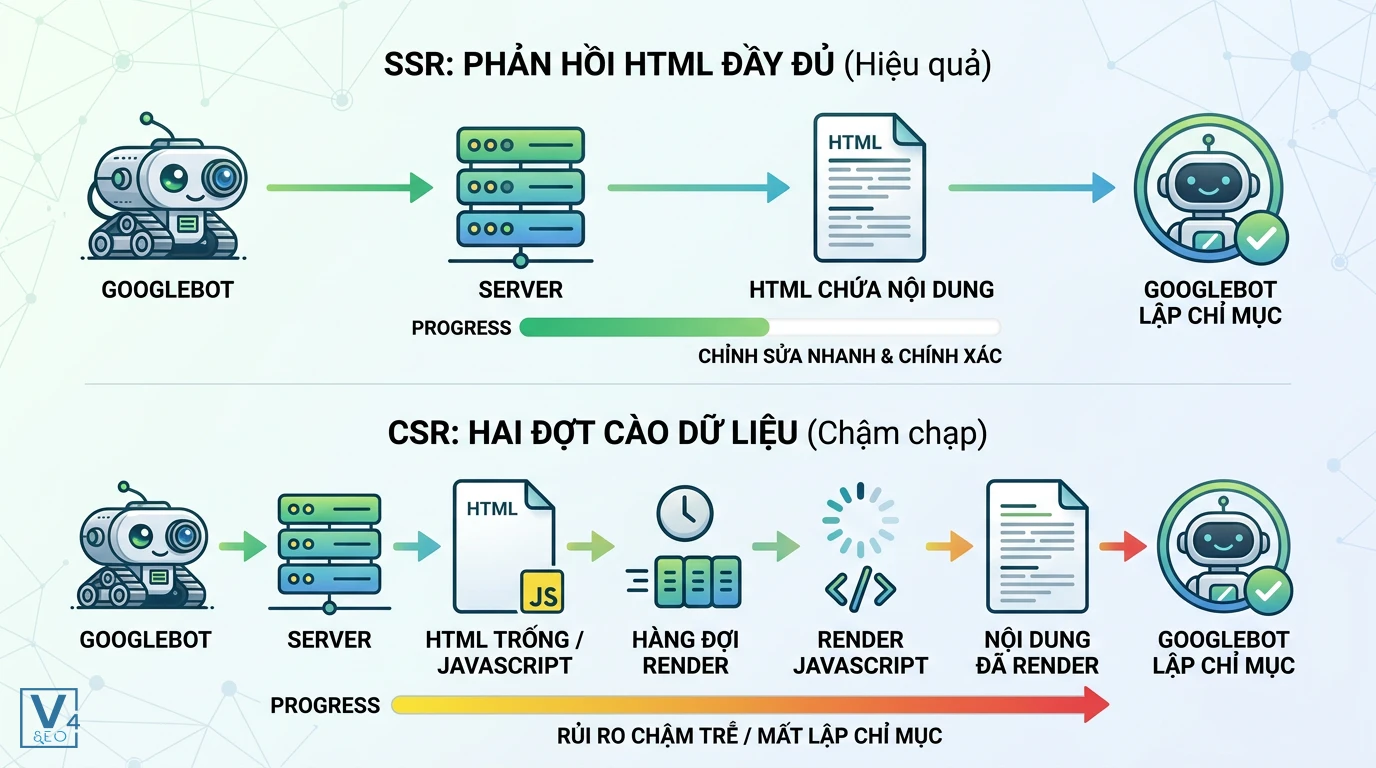 so-sanh-quy-trinh-indexing-ssr-va-csr So sánh quy trình lập chỉ mục nhanh của SSR với hai đợt cào dữ liệu chậm trễ của CSR từ Googlebot.