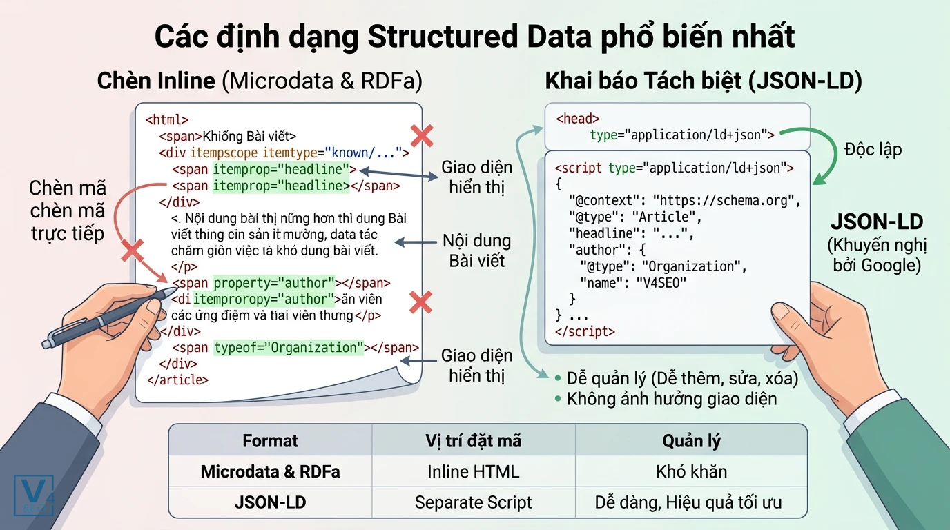 so-sanh-dinh-dang-structured-data So sánh cách chèn mã inline của Microdata và RDFa với phương pháp khai báo tách biệt bằng JSON-LD tối ưu hơn