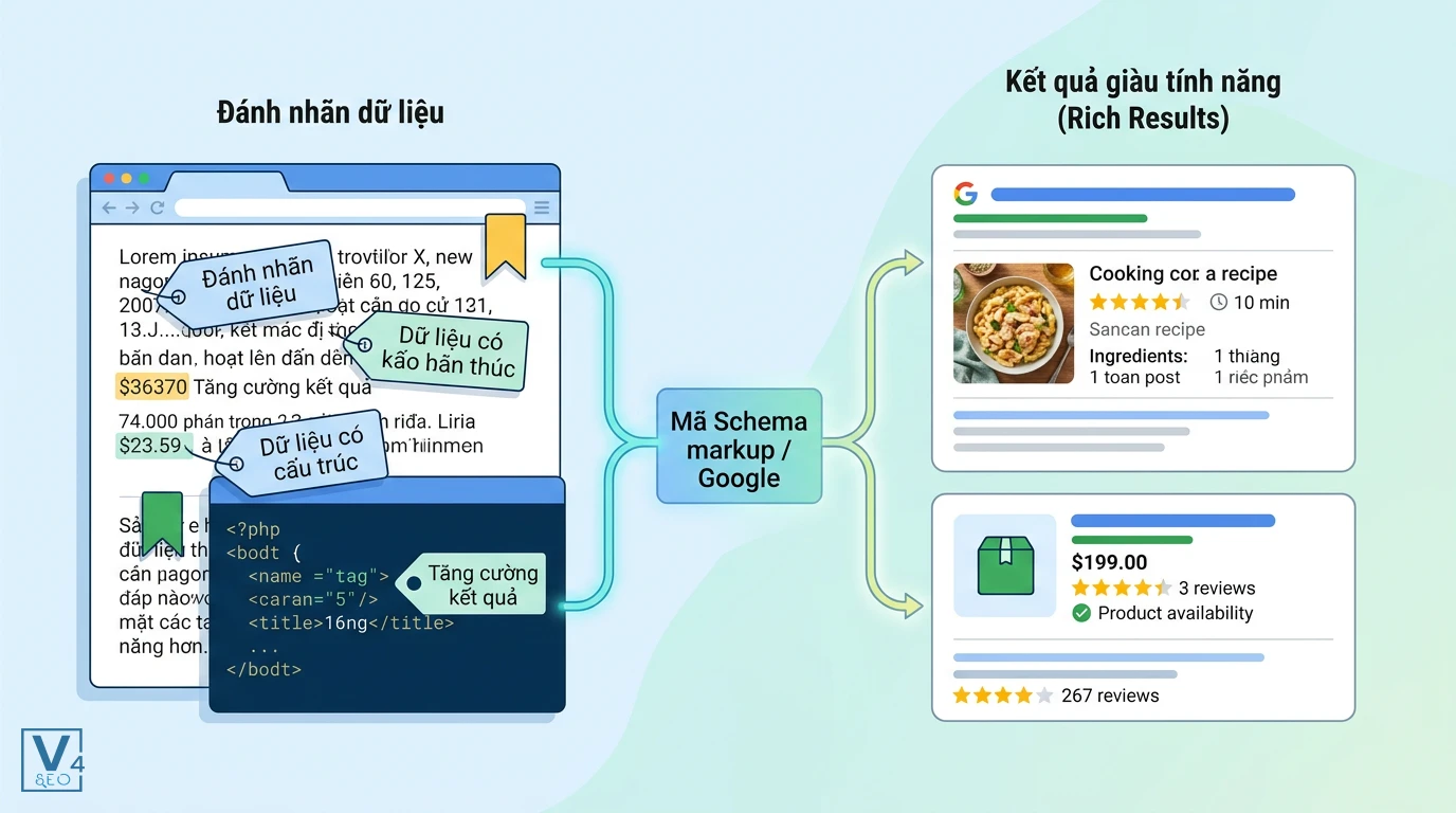 quy-trinh-hoat-dong-structured-data Mô hình chuyển đổi từ việc đánh nhãn dữ liệu có cấu trúc bằng mã Schema sang kết quả hiển thị giàu tính năng trên Google.
