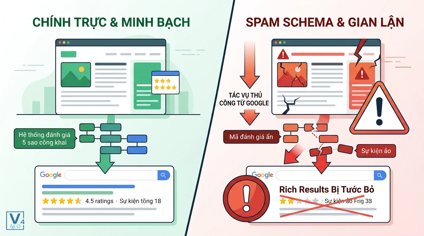 Hậu quả spam structured data So sánh việc triển khai structured data minh bạch giúp hiển thị rich results với hành vi spam schema bị Google phạt tác vụ thủ công.