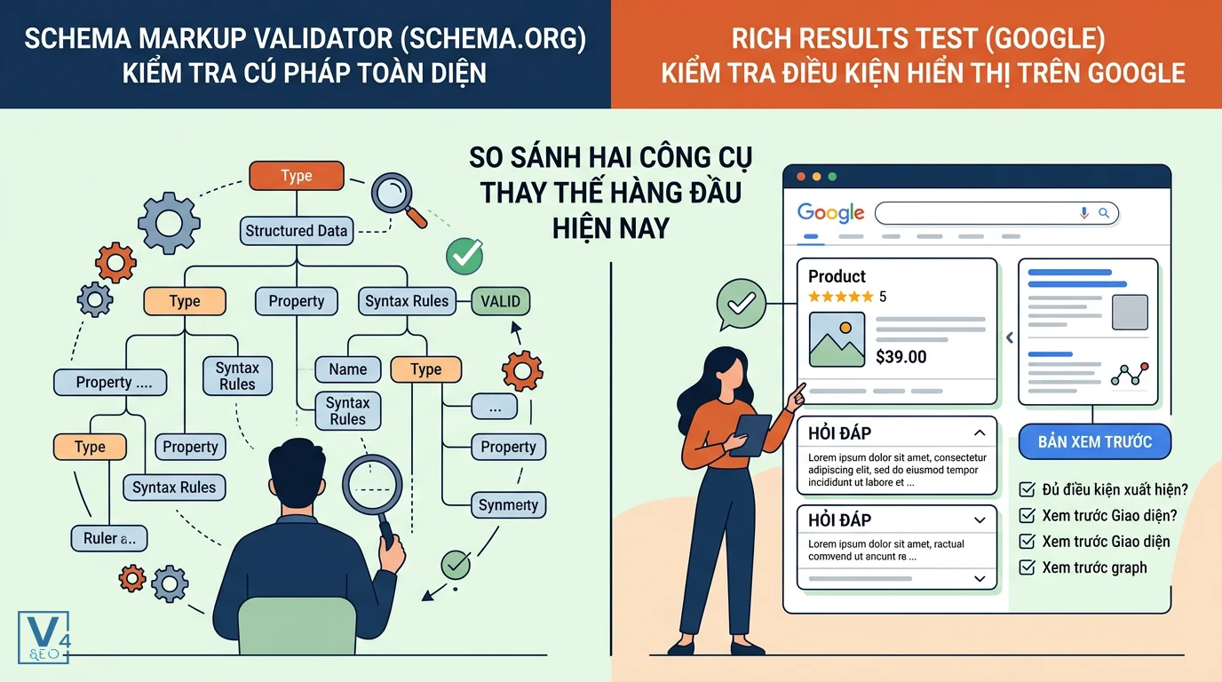 so-sanh-schema-validator-va-rich-results-test So sánh Schema Markup Validator kiểm tra cú pháp toàn diện và Google Rich Results Test kiểm tra hiển thị kết quả giàu tính năng.