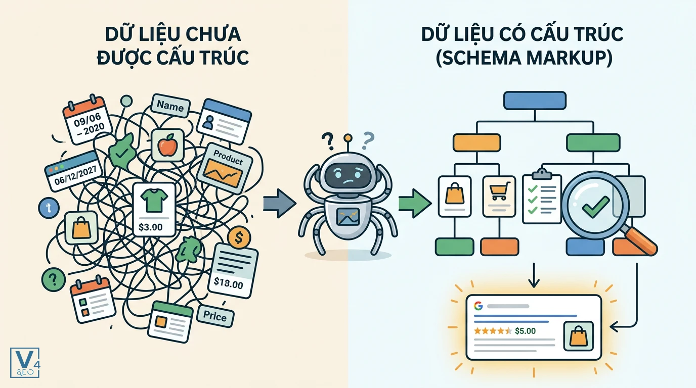 so-sanh-du-lieu-co-cau-truc-va-chua-cau-truc So sánh dữ liệu chưa cấu trúc lộn xộn và dữ liệu có cấu trúc ngăn nắp giúp bot tìm kiếm dễ hiểu để hiển thị rich snippet
