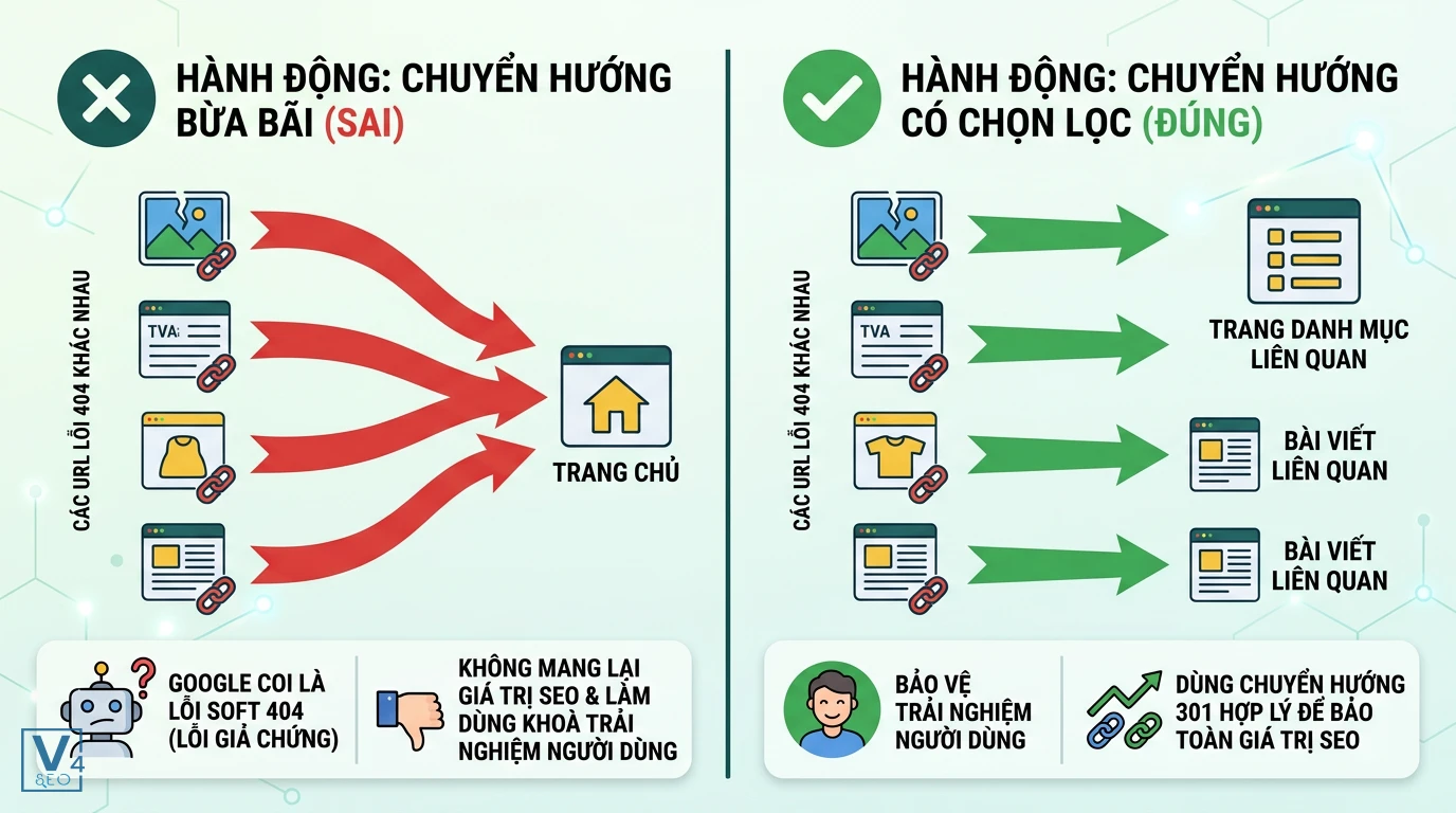 huong-dan-chuyen-huong-url-404-dung-cach So sánh cách xử lý chuyển hướng URL lỗi 404 đúng và sai để tránh lỗi Soft 404 và bảo vệ SEO.