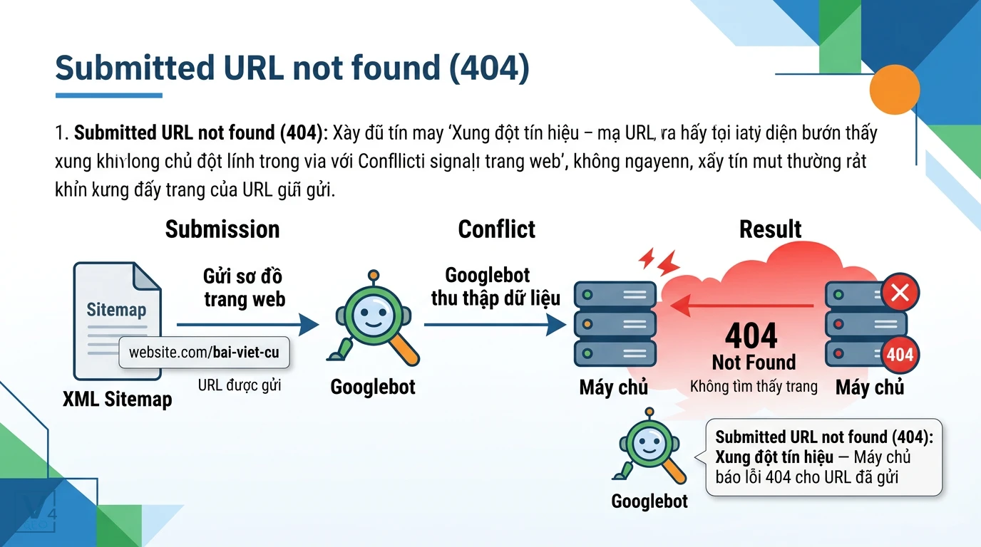co-che-loi-submitted-url-not-found-404 Sơ đồ giải thích cơ chế xung đột tín hiệu dẫn đến lỗi Submitted URL not found (404) khi Googlebot quét sitemap.