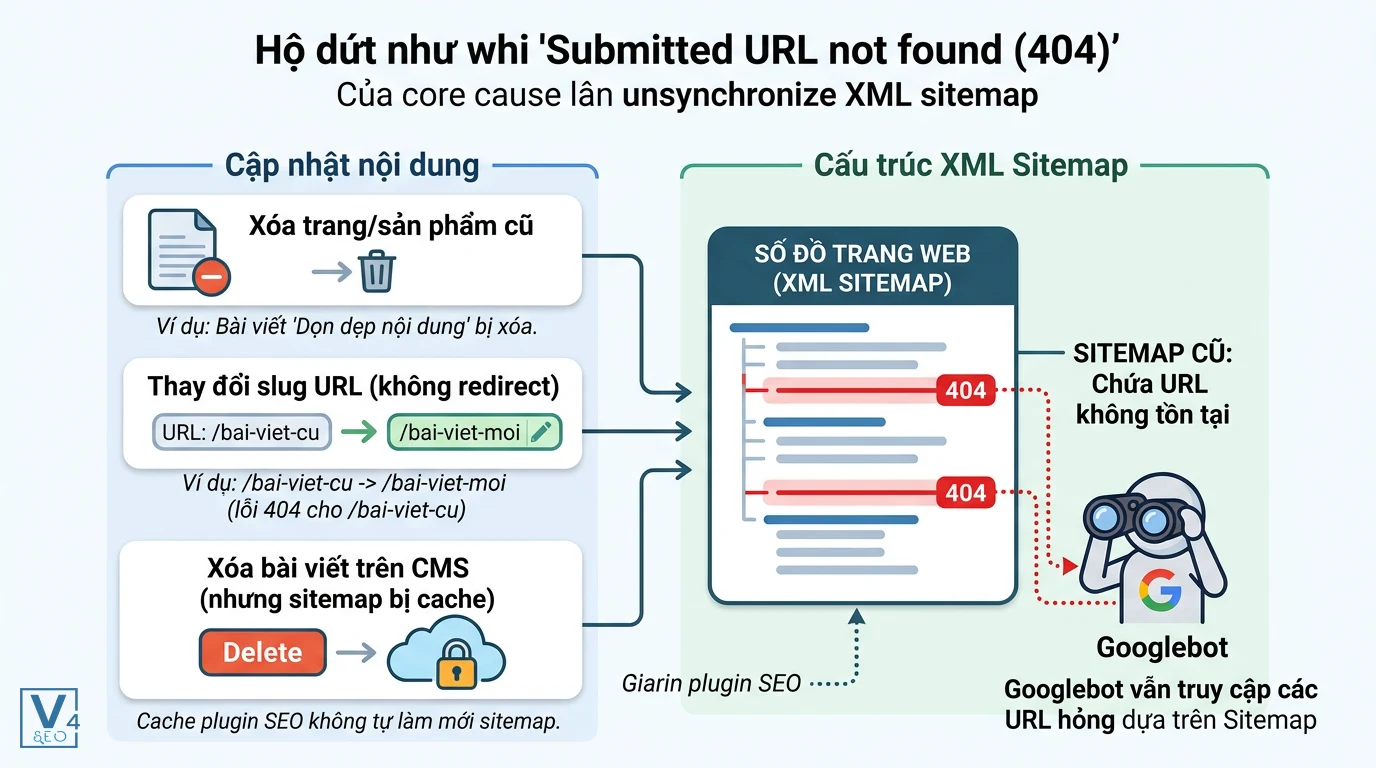 nguyen-nhan-loi-submitted-url-not-found-404 Sơ đồ giải thích cơ chế phát sinh lỗi Submitted URL not found (404) do sitemap không đồng bộ với cập nhật nội dung.