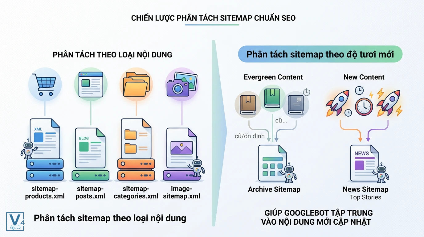 chien-luoc-phan-tach-sitemap-chuan-seo Sơ đồ so sánh hai chiến lược phân tách sitemap theo loại nội dung và theo độ tươi mới của dữ liệu.