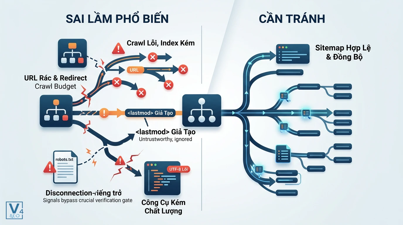 sai-lam-cau-hinh-sitemap So sánh các lỗi cấu hình sitemap gây lãng phí crawl budget với quy trình tối ưu hóa sitemap chuẩn SEO.