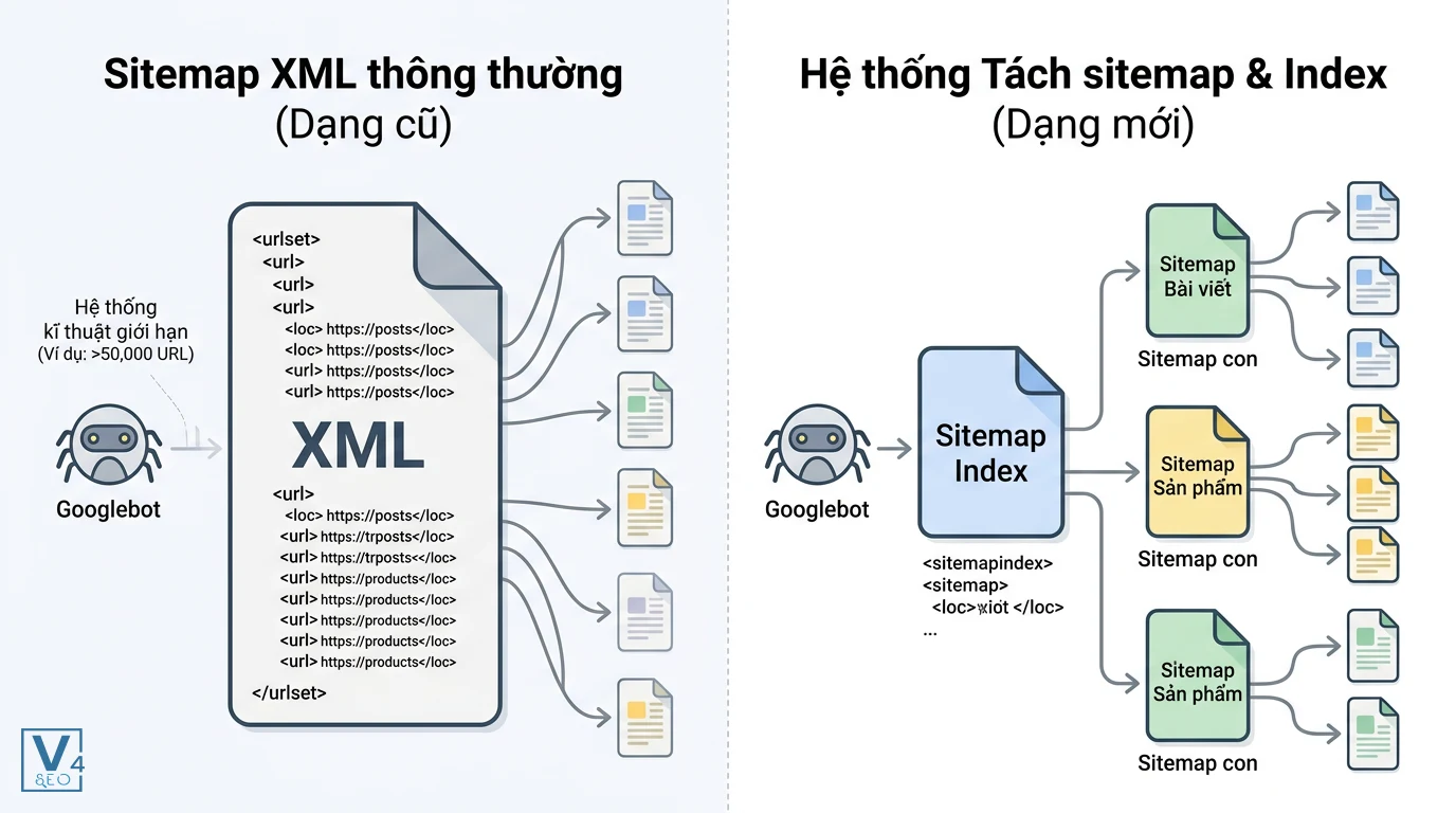 so-sanh-tach-sitemap-xml-va-sitemap-index So sánh cấu trúc sitemap XML thông thường và hệ thống tách sitemap kết hợp Sitemap Index giúp tối ưu thu thập dữ liệu.