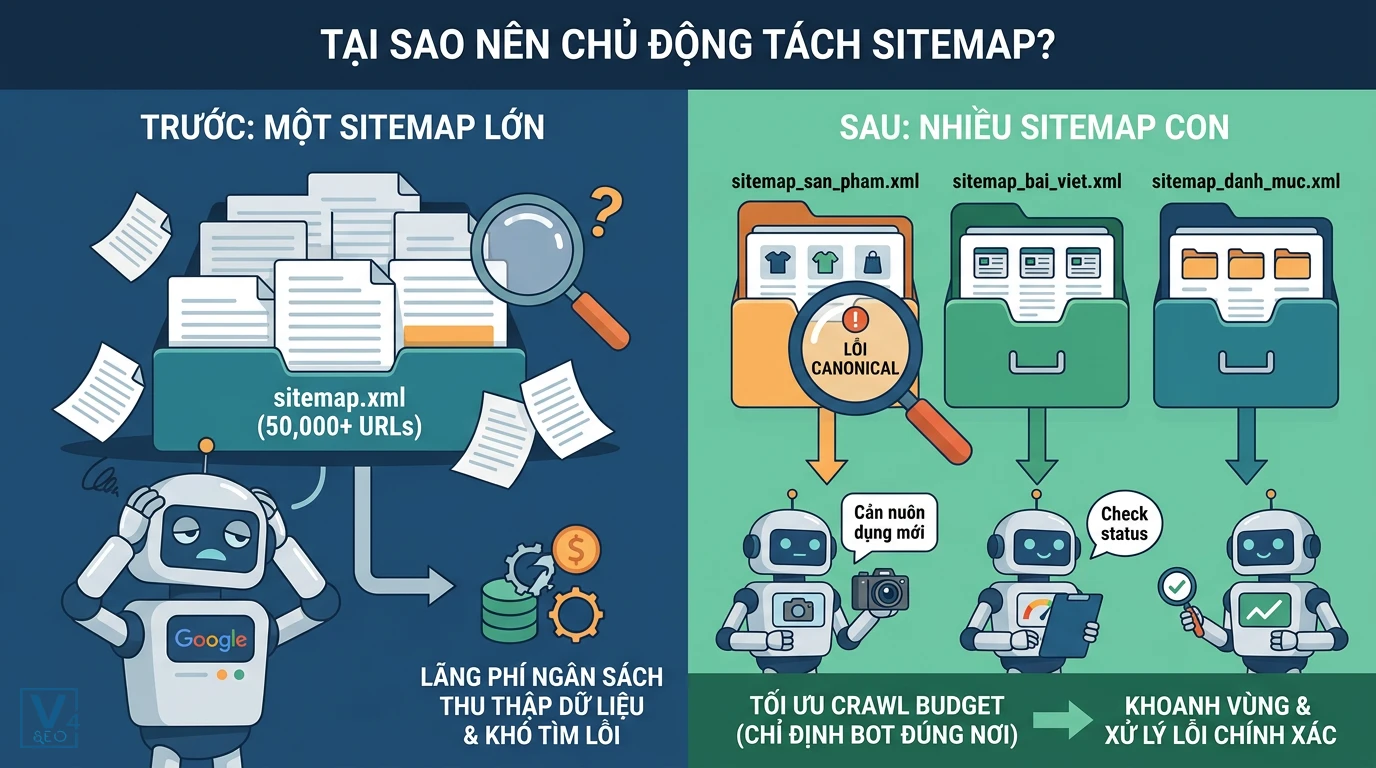 loi-ich-tach-sitemap-cho-website So sánh hiệu quả tối ưu crawl budget và kiểm soát lỗi index khi áp dụng giải pháp tách sitemap cho website.