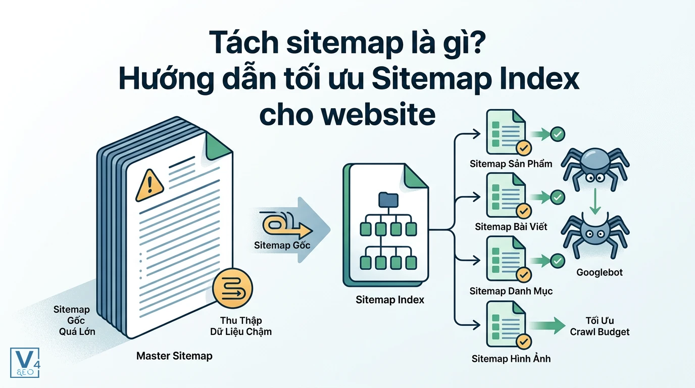 Mô hình tách sitemap gốc quá lớn thành các sitemap index nhỏ theo danh mục giúp Googlebot thu thập dữ liệu nhanh hơn.