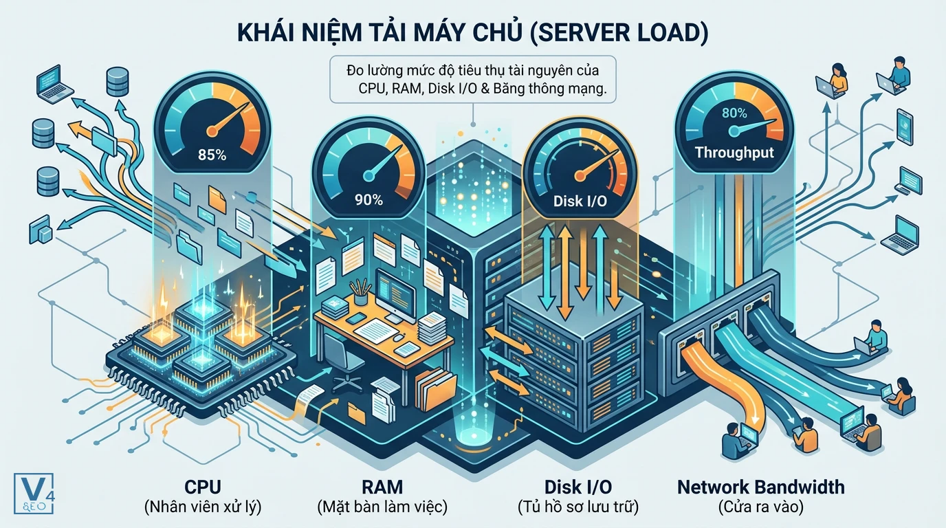 mo-hinh-khai-niem-tai-may-chu Mô hình trực quan hóa khái niệm tải máy chủ là gì qua sự tiêu thụ CPU, RAM, Disk I/O và băng thông mạng.