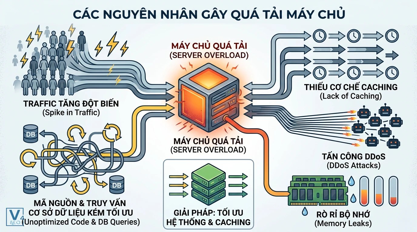 nguyen-nhan-qua-tai-may-chu Sơ đồ các nguyên nhân gây quá tải máy chủ như traffic tăng đột biến, mã nguồn kém tối ưu, thiếu caching và tấn công DDoS.