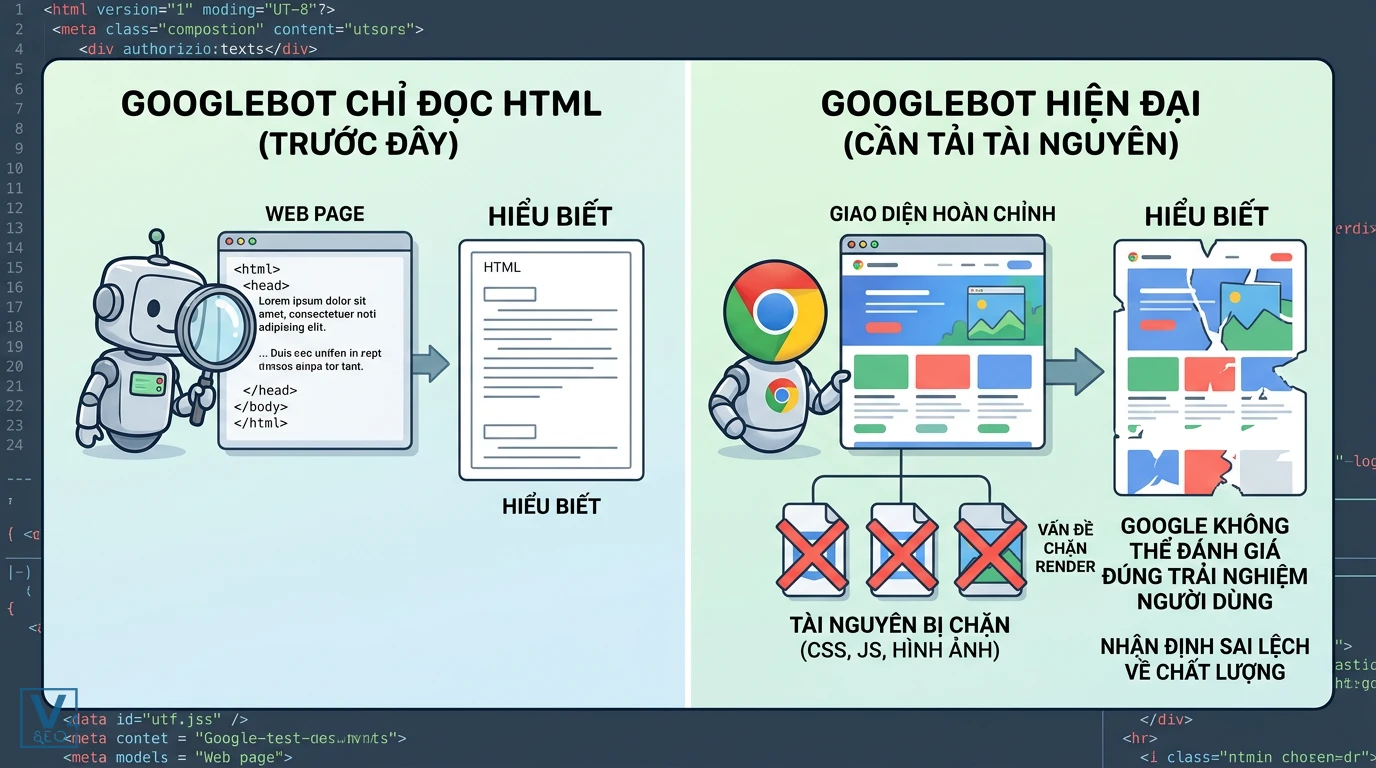 co-che-hoat-dong-googlebot-tai-nguyen-bi-chan So sánh cách Googlebot cũ chỉ đọc HTML và Googlebot hiện đại bị lỗi hiển thị khi gặp tài nguyên bị chặn.