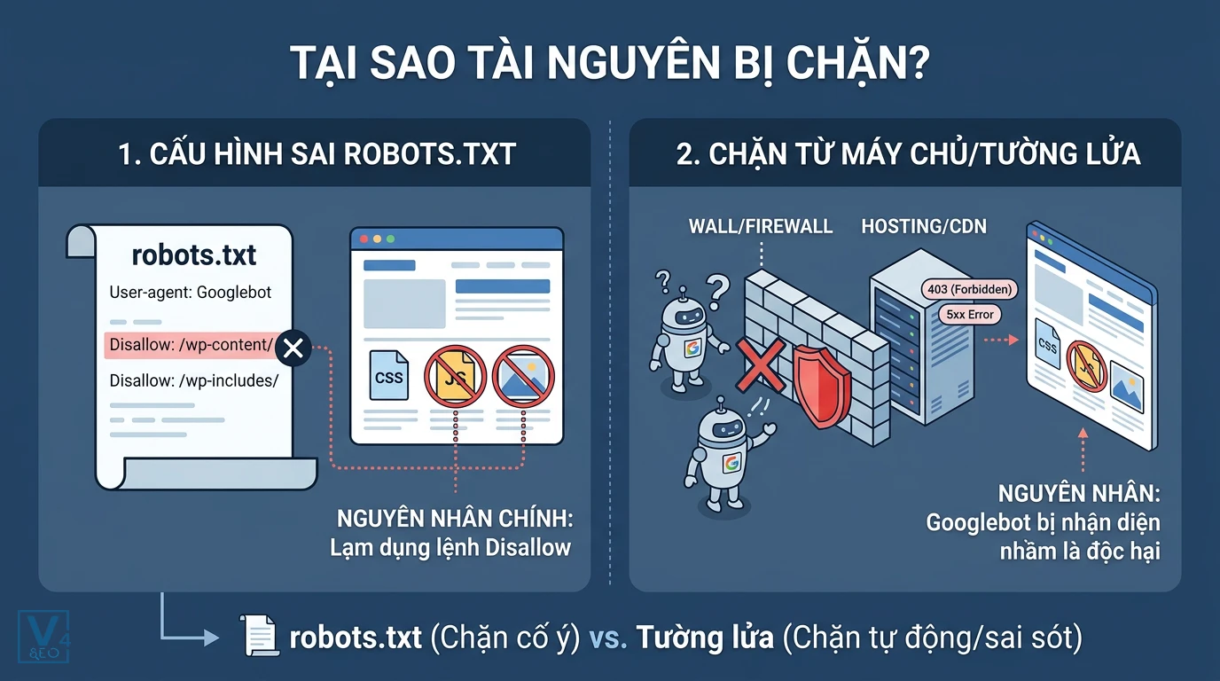 nguyen-nhan-tai-nguyen-bi-chan So sánh hai nguyên nhân chính khiến tài nguyên bị chặn là do cấu hình sai robots.txt hoặc tường lửa máy chủ ngăn Googlebot.