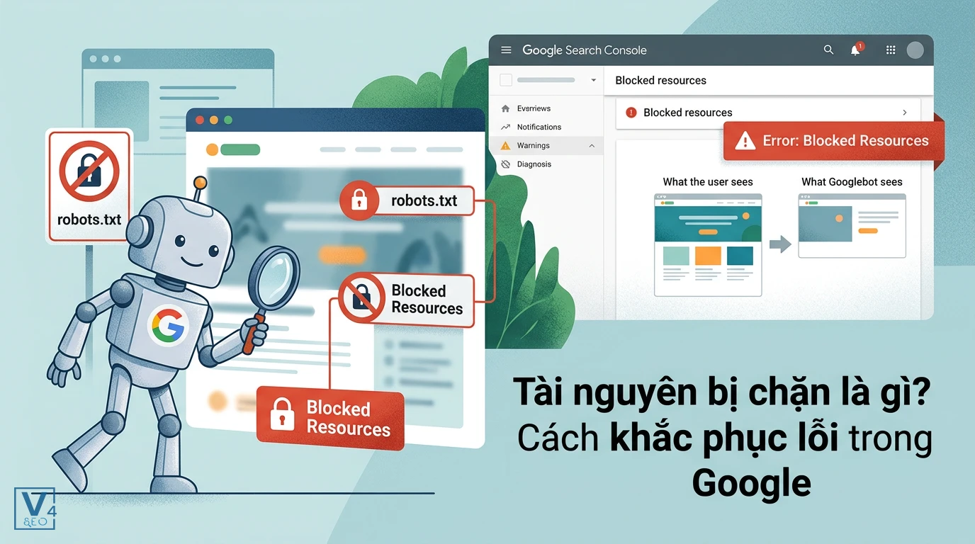Minh họa Googlebot gặp lỗi tài nguyên bị chặn do file robots.txt ngăn cản việc render giao diện website.