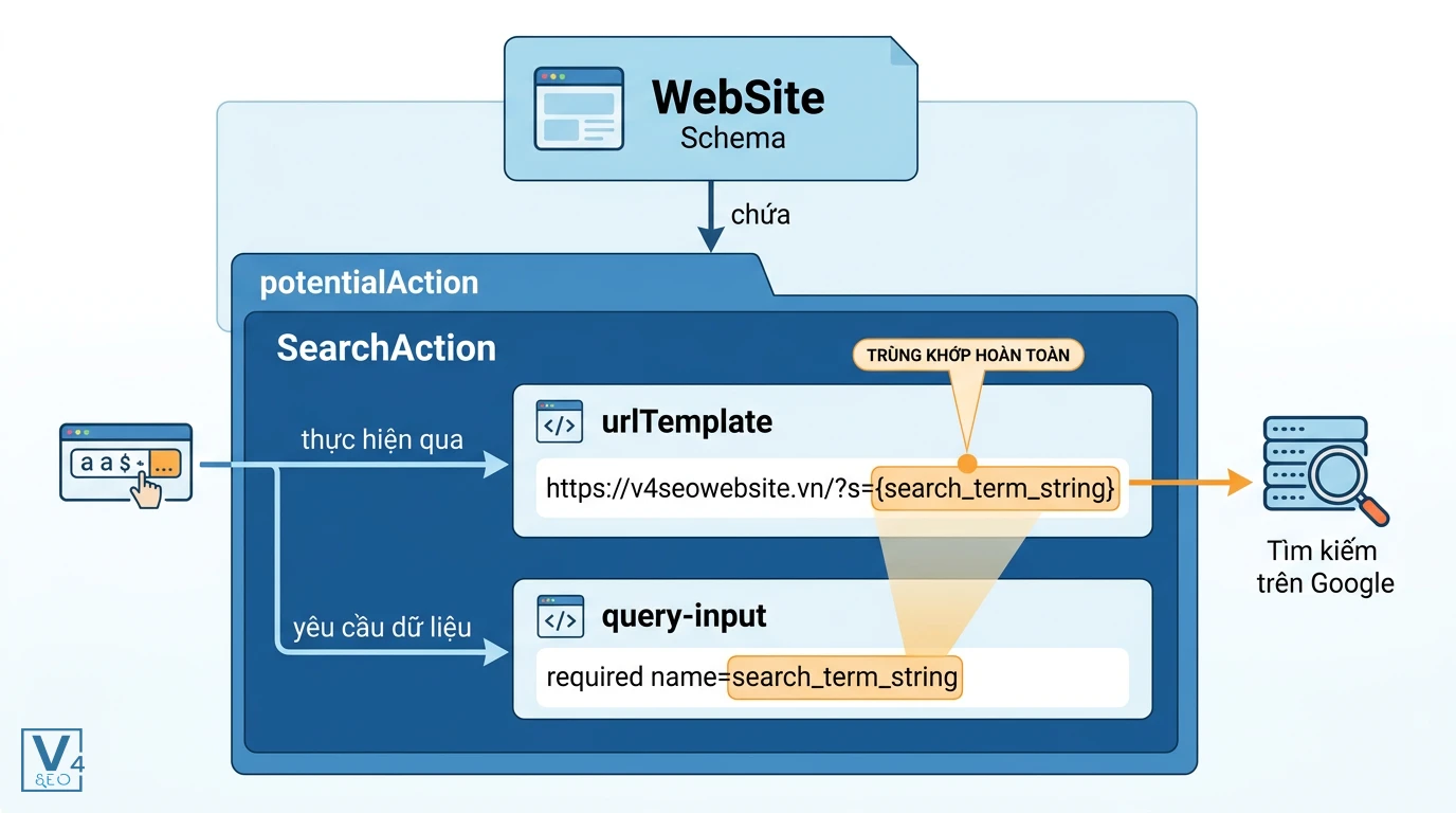 cau-truc-json-ld-searchaction Sơ đồ cấu trúc lồng ghép SearchAction bên trong WebSite Schema giúp tối ưu hóa hộp tìm kiếm trên Google.